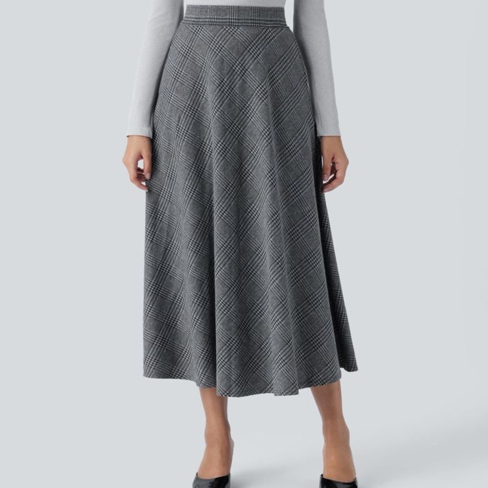 Halara High Waisted Pocket Houndstooth Plaid Flare Midi Casual Skirt